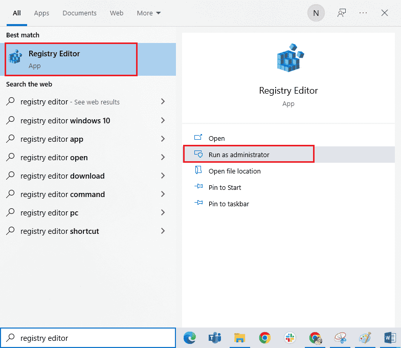 ไปที่เมนูค้นหาและพิมพ์ Registry Editor จากนั้นคลิกที่ Run as administrator