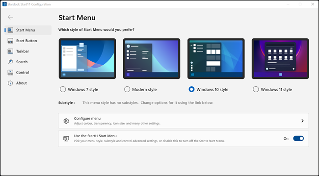 ตัวเลือกการปรับแต่ง Start11 Start Menu โดยเลือกเมนู Start ของ Windows 10