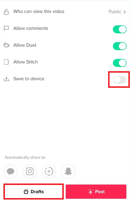 เปิดสวิตช์สำหรับตัวเลือกบันทึกลงในอุปกรณ์ จากนั้นแตะที่ร่าง | วิธีบันทึกวิดีโอของคุณบน TikTok โดยไม่ต้องโพสต์
