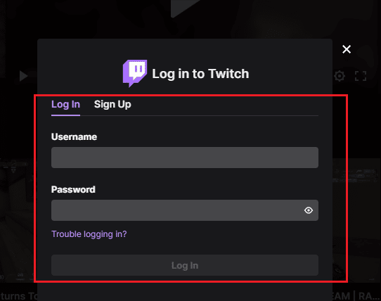 พิมพ์ username และ password แล้วคลิก Log in twitch