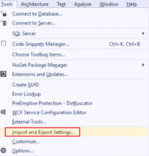 เลือกการตั้งค่าการนำเข้าและส่งออกใน Microsoft visual studio