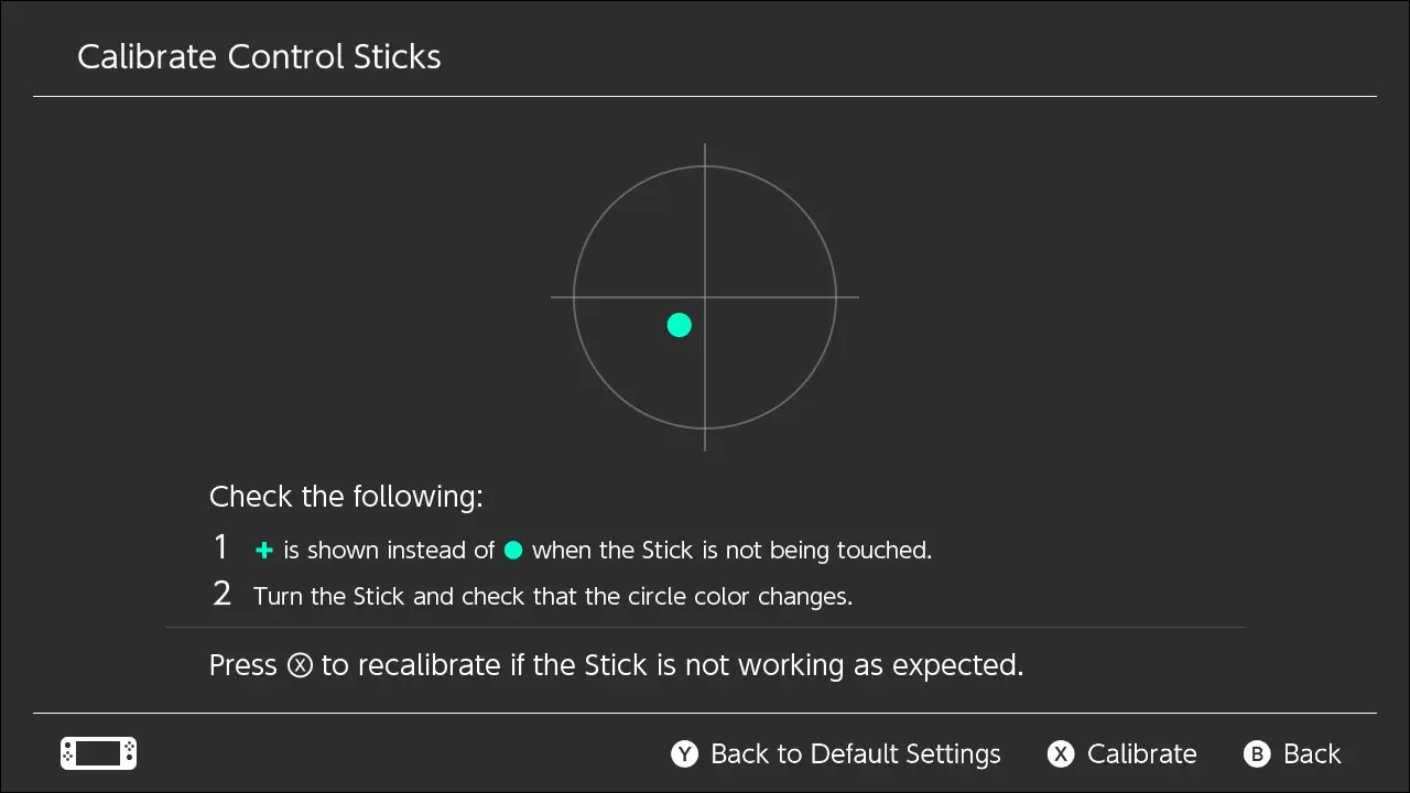 Tela de calibração do controle do Nintendo Switch