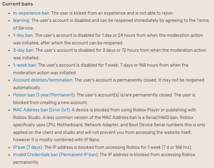 Roblox에 대한 금지 유형