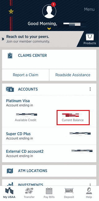 USAA 모바일 앱. 계정 섹션의 홈 메뉴에 언급된 잔액