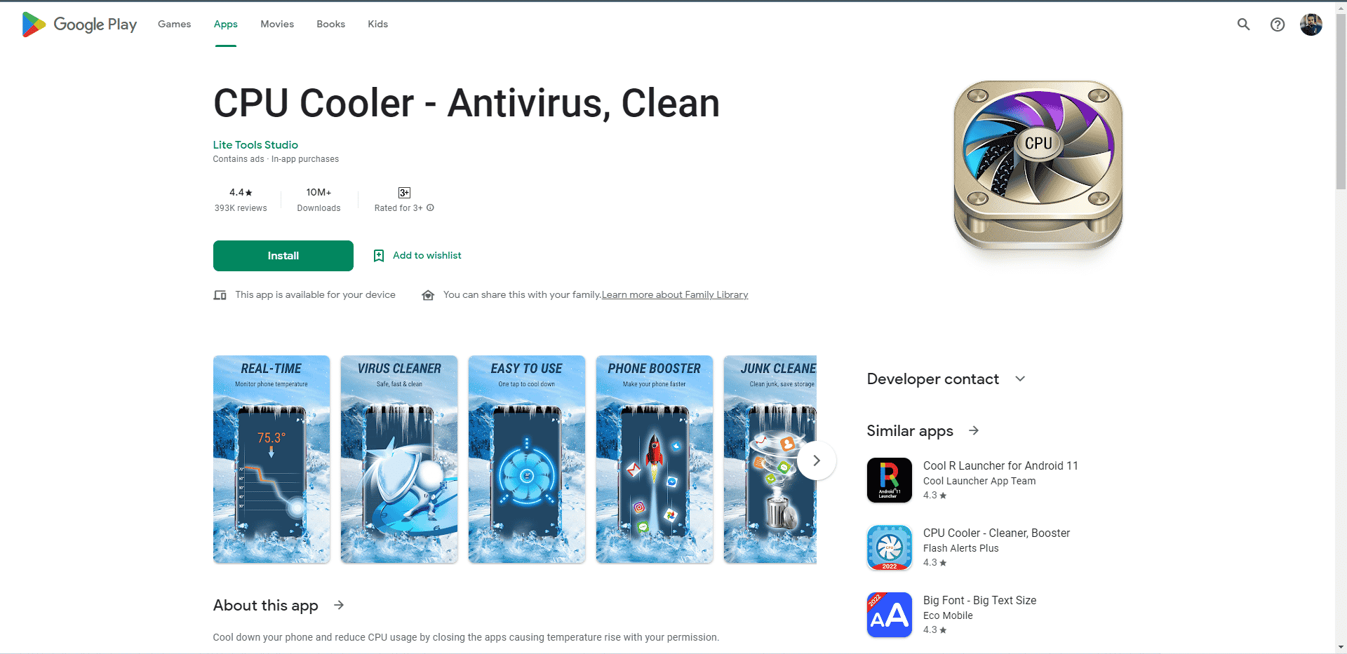 CPU Cooler Antivirus Clean Playstore-Webseite