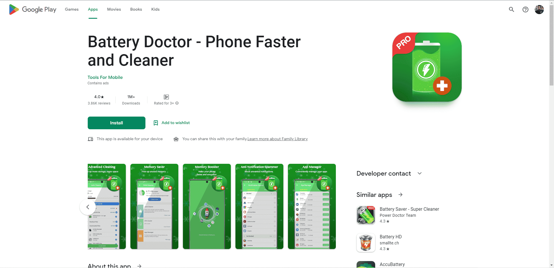 Battery Doctor Playstore-Webseite. Die besten Telefonkühl-Apps für Android und iOS