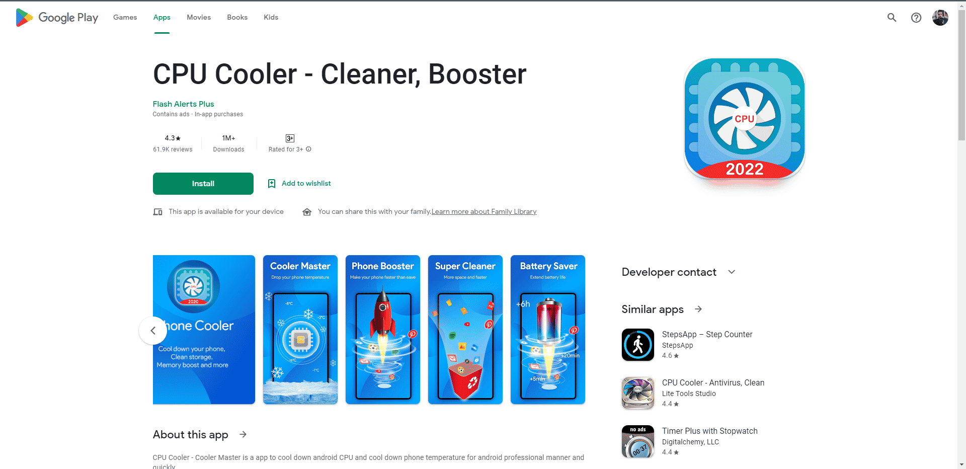 CPU Cooler Cleaner Booster Playstore-Webseite. Die besten Telefonkühl-Apps für Android und iOS