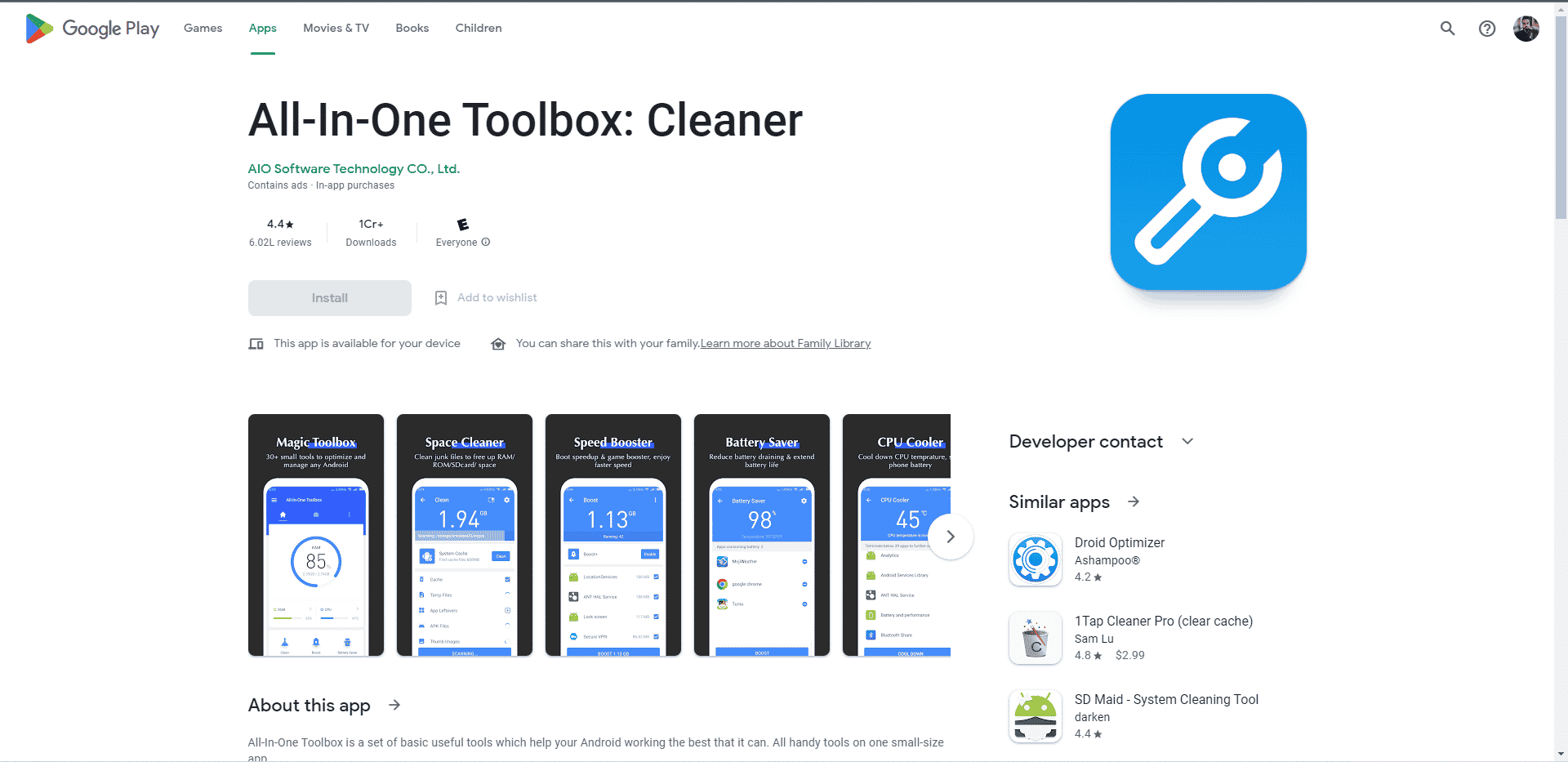 Alles in einer Toolbox Cleaner Playstore-Webseite. Die besten Telefonkühl-Apps für Android und iOS