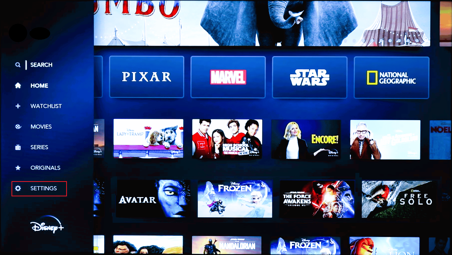 abra as configurações da Disney plus em Roku