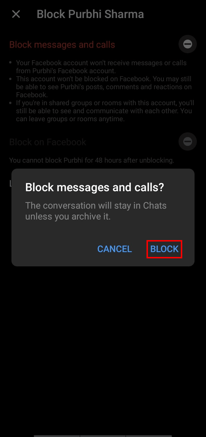 Ketuk BLOK untuk mengonfirmasi pilihan dan memblokir orang tersebut | mode menghilang di Messenger