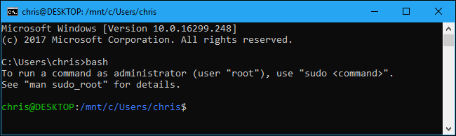Menjalankan "bash" di Command Prompt akan meluncurkan lingkungan Linux default Anda.