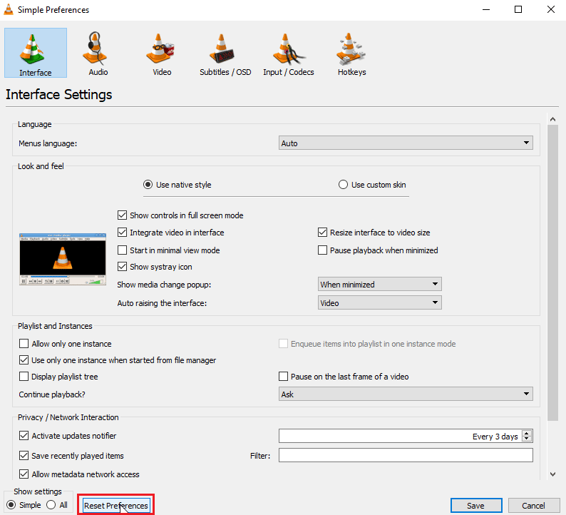 clique em redefinir preferências na guia de preferências simples. Corrigir teclas de atalho e atalhos do VLC que não funcionam