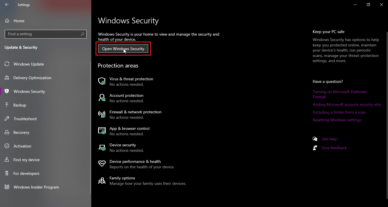 faceți clic pe deschidere Windows Security