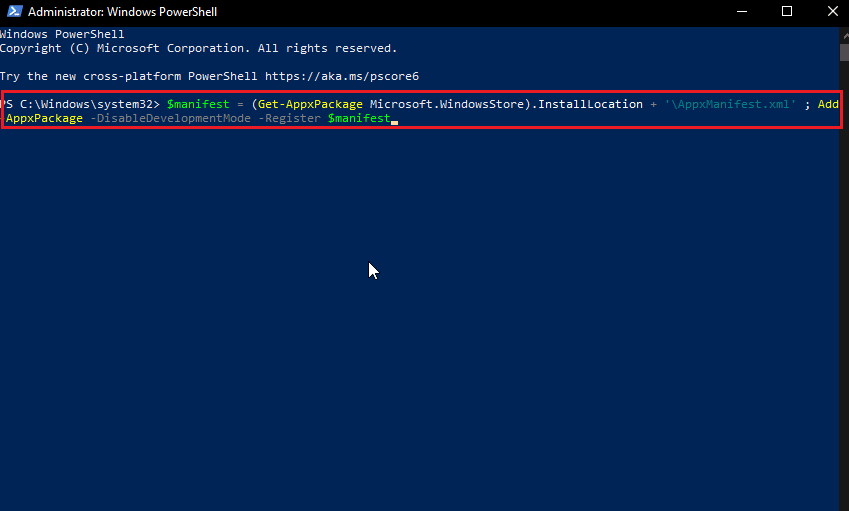 cole o comando powershell