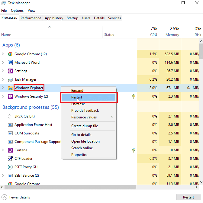 Wählen Sie Windows Explorer und klicken Sie mit der rechten Maustaste und klicken Sie auf Neustart