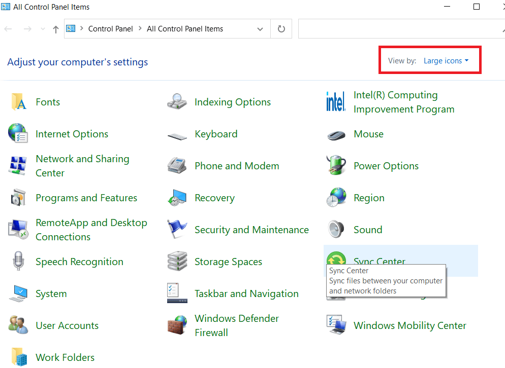 altere os ícones Exibir por para Grandes. Corrigir meu fone de ouvido não está funcionando no Windows 10