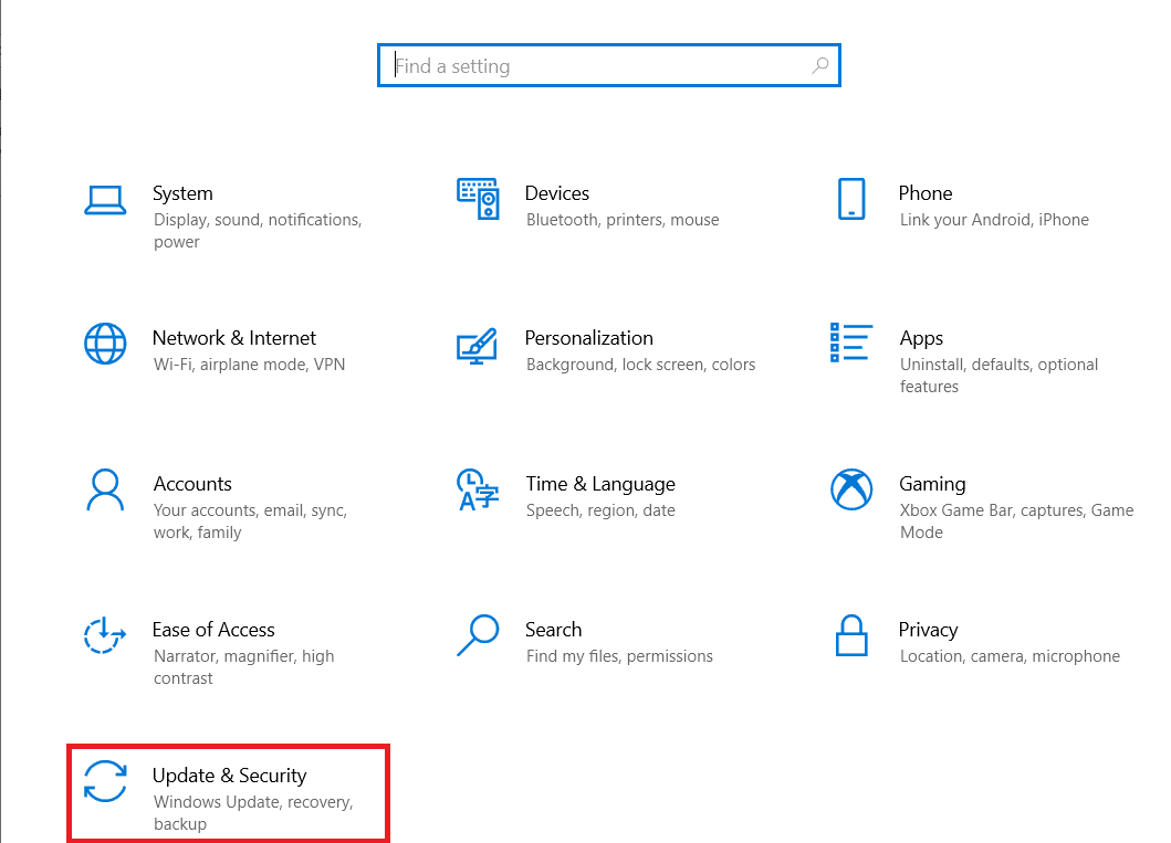 Abra as configurações de atualização e segurança. Corrigir meu fone de ouvido não está funcionando no Windows 10