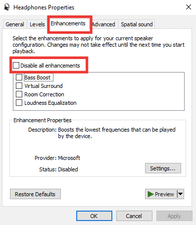 Gehen Sie zur Registerkarte „Verbesserungen“ und klicken Sie auf das Kontrollkästchen „Alle Verbesserungen deaktivieren“.