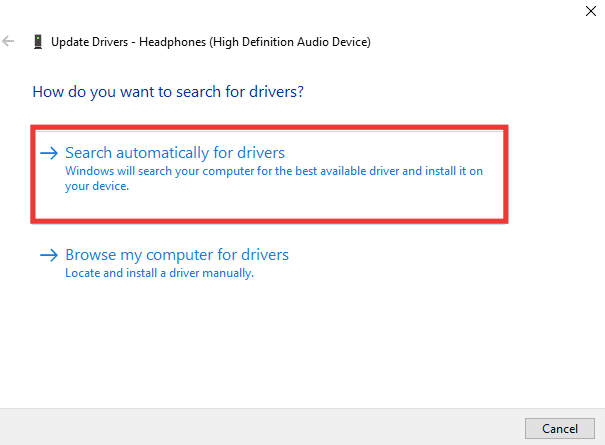 pilih cari secara otomatis untuk driver. Perbaiki Jack Headphone saya Tidak Berfungsi di Windows 10