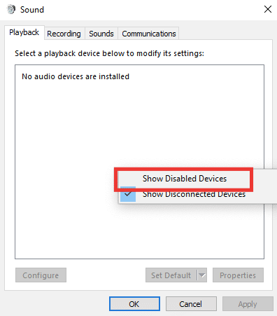 klik kanan pada area kosong dan klik tampilkan perangkat yang dinonaktifkan. Perbaiki Jack Headphone saya Tidak Berfungsi di Windows 10