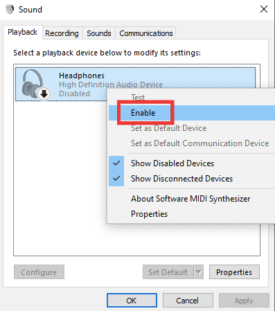 wybierz urządzenie dźwiękowe, a następnie kliknij je prawym przyciskiem myszy i kliknij włącz