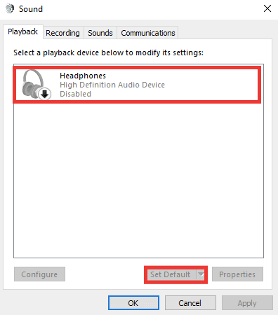 seleccione los auriculares y haga clic en establecer predeterminado