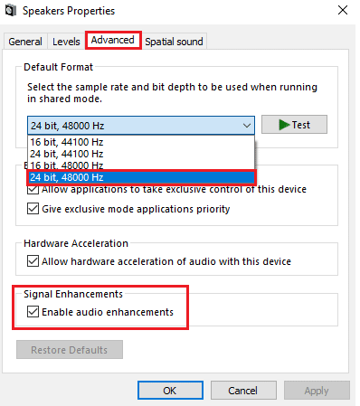 Asegúrese de que la opción Habilitar mejoras de audio esté marcada en Mejoras de la señal. Solucione el problema de sonido PUBG en PC con Windows 10