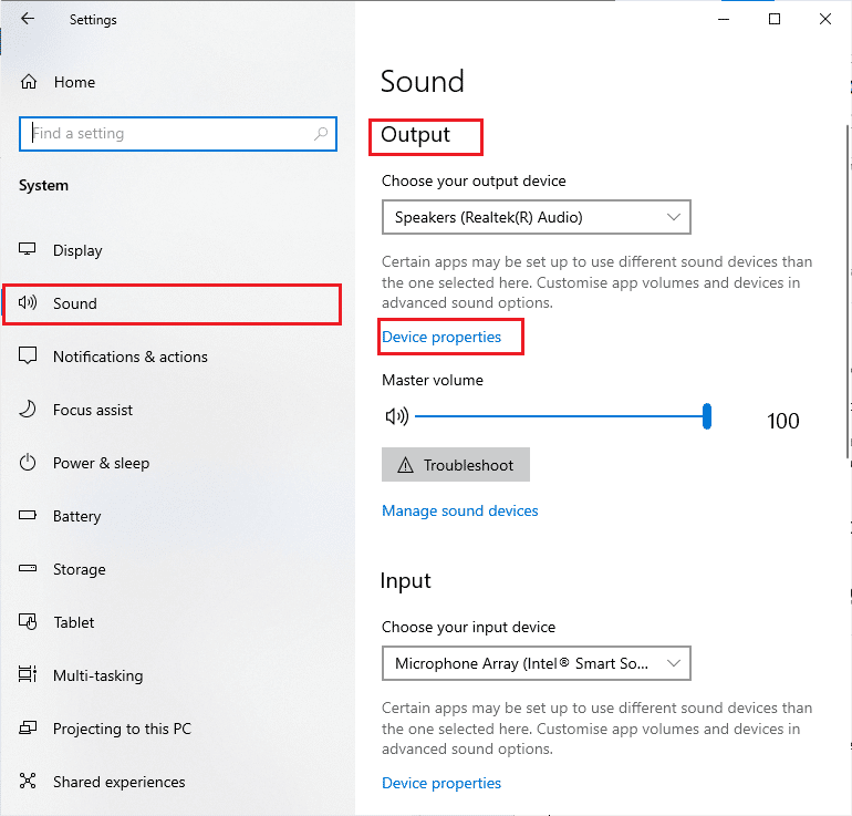 คลิกที่เสียงและคลิกที่คุณสมบัติของอุปกรณ์ภายใต้เมนูเอาท์พุท แก้ไขปัญหาเสียง PUBG ใน Windows 10 PC