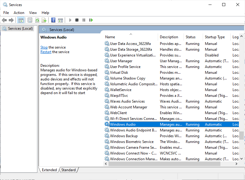 scorri verso il basso e fai doppio clic sul servizio Windows Audio. Risolvi il problema del suono PUBG nel PC Windows 10