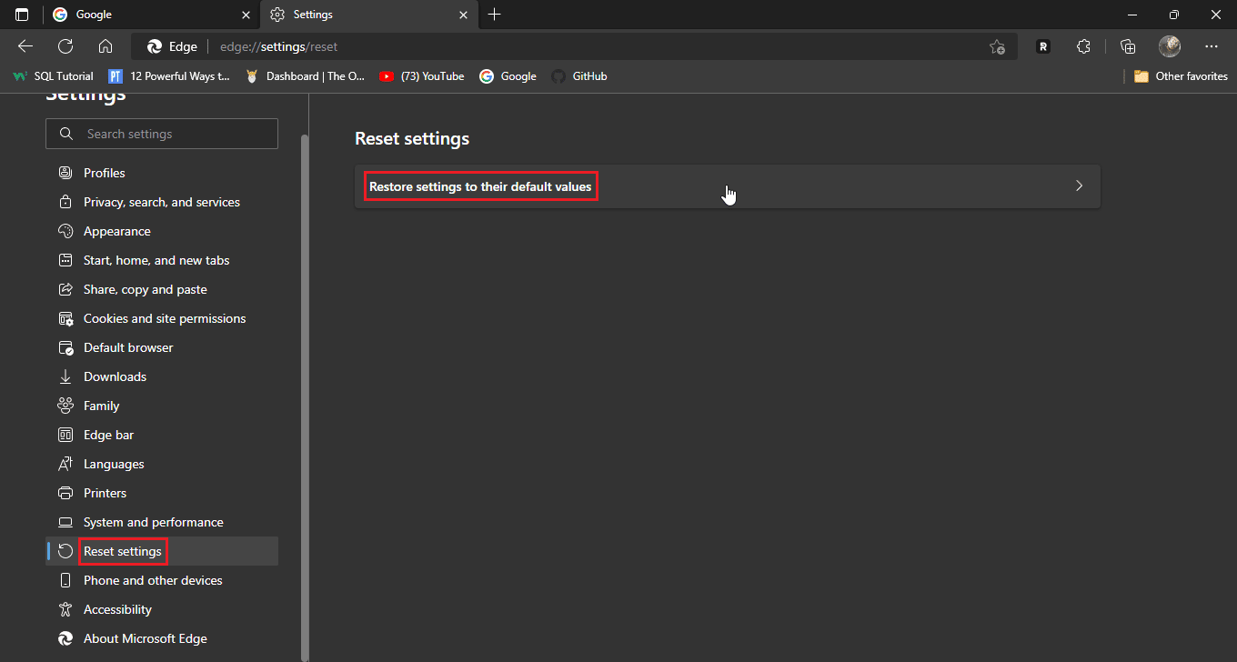 haga clic en restaurar la configuración a sus valores predeterminados