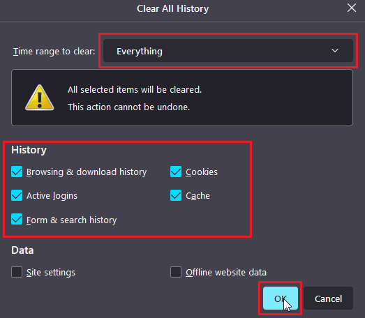 seleccione todo en el menú desplegable de rango de tiempo y marque todas las casillas de verificación en el encabezado del historial y haga clic en Aceptar