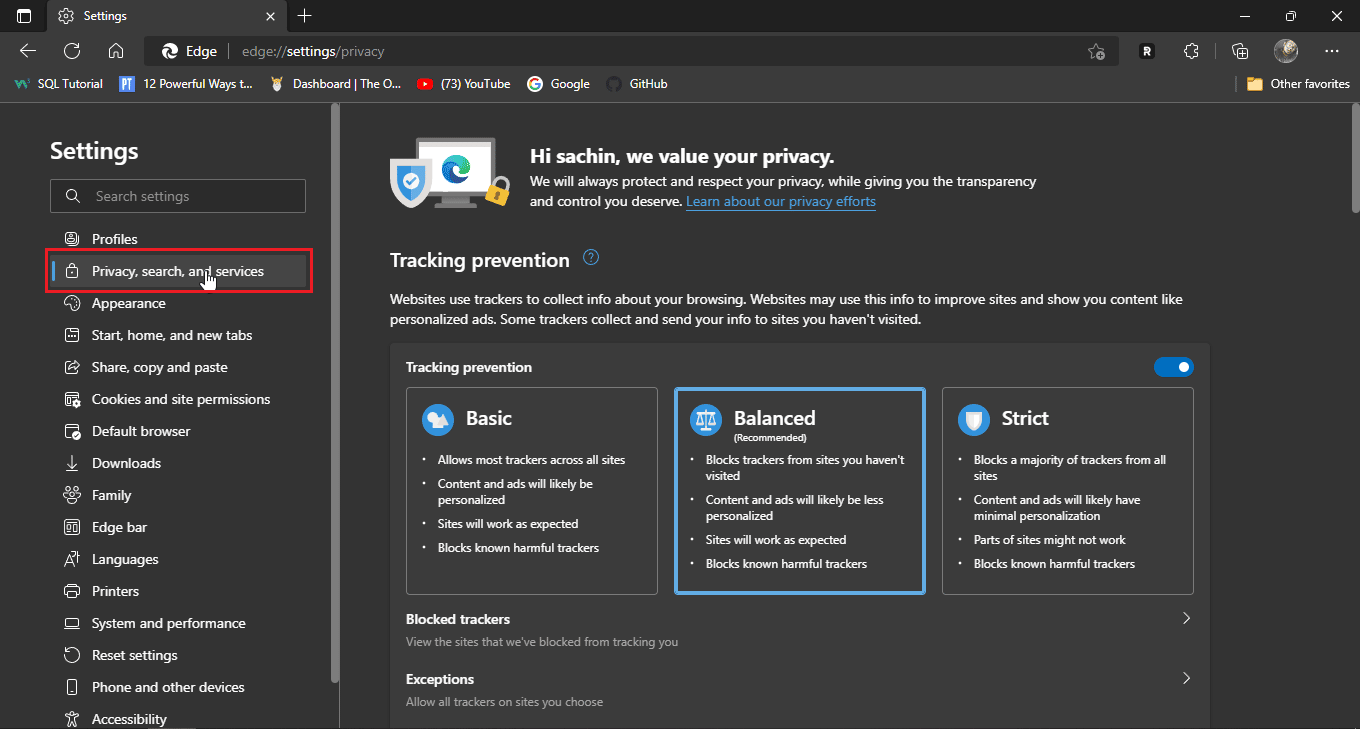 clique na guia de pesquisa e serviços de privacidade. Corrigir a página de login do Disney Plus não carregando