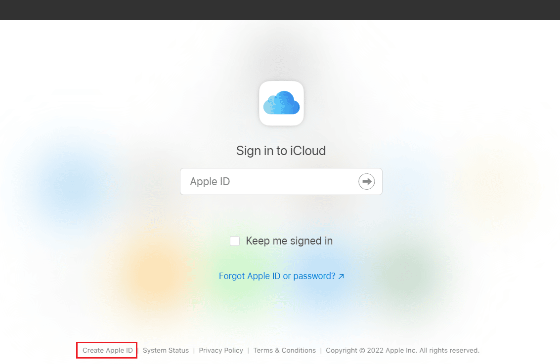 单击 iCloud 登录页面底部的创建 Apple ID |如何进入您的 iCloud 帐户