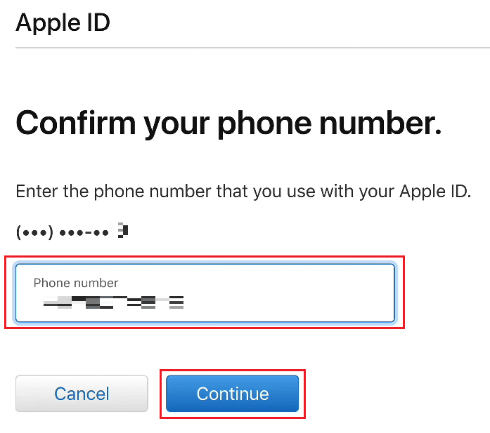 输入与您的 Apple ID 关联的电话号码进行确认，然后单击继续