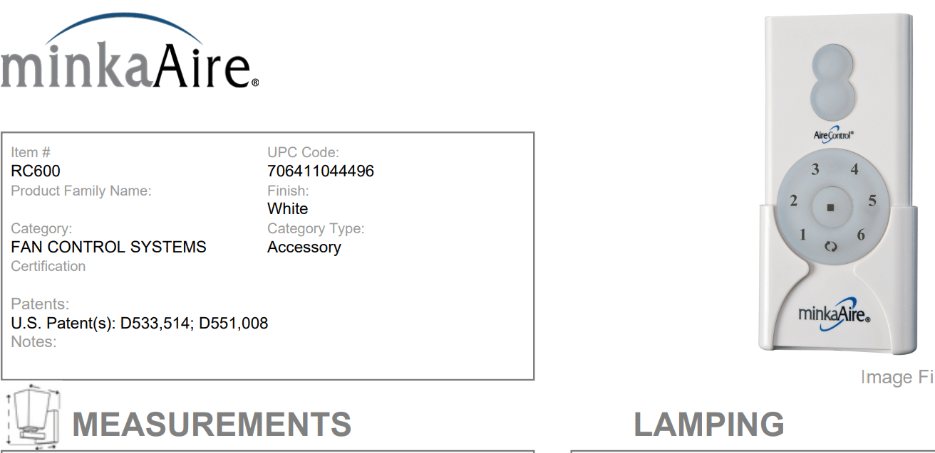 Manuale delle specifiche del prodotto del telecomando Minka Aire RC 600