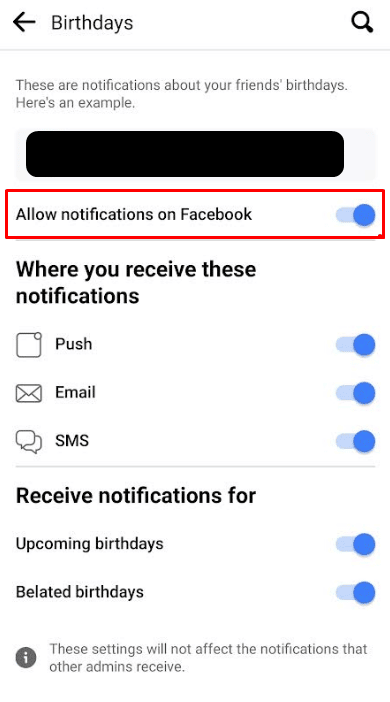 Selecciona los cumpleaños y activa el interruptor de la opción Permitir notificaciones en Facebook | ¿Qué pasó con los cumpleaños en Facebook?