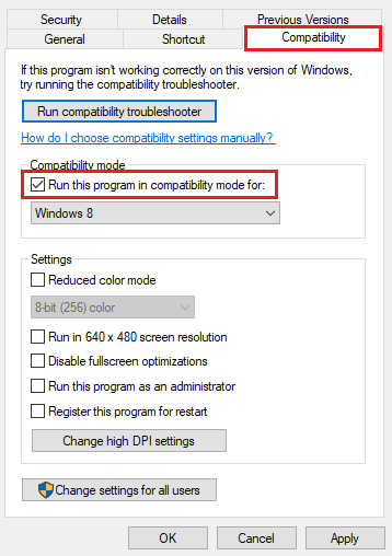 Aktivieren Sie das Kontrollkästchen Dieses Programm im Kompatibilitätsmodus ausführen für