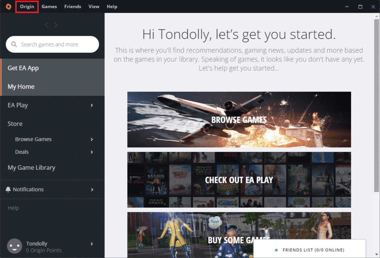 คลิก Origin บนแถบเมนู วิธีแก้ไข Sims 4 ไม่สามารถเริ่มการ์ดจอได้