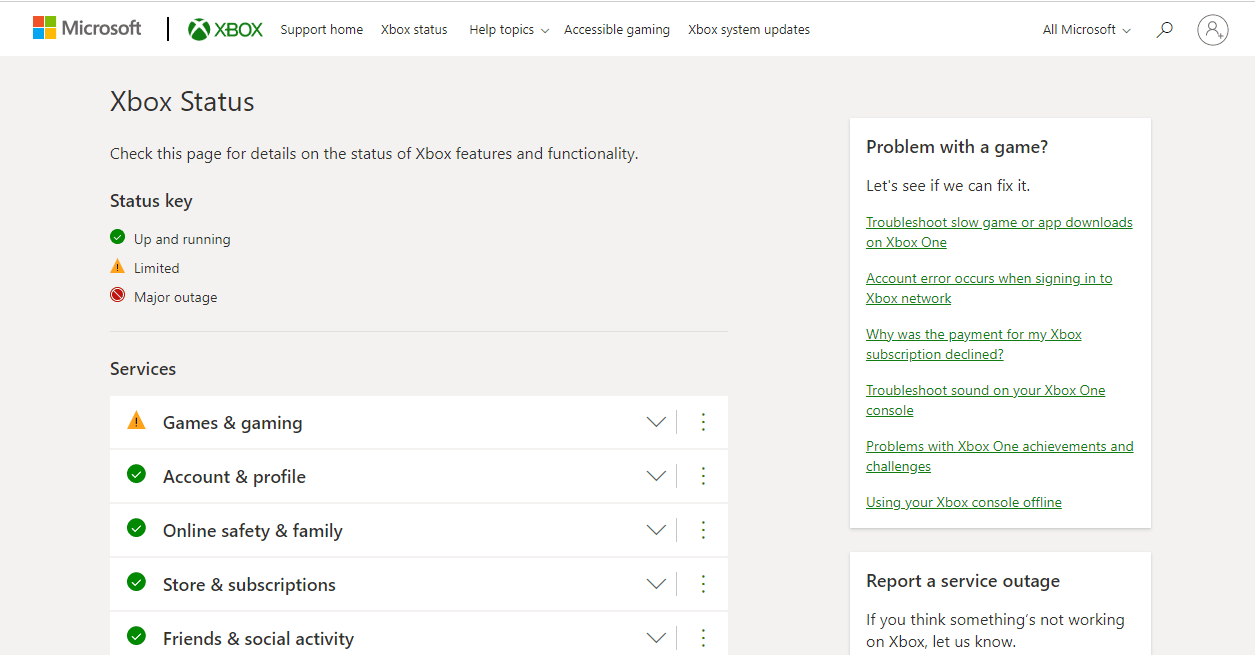 Consulte la página de estado de Xbox