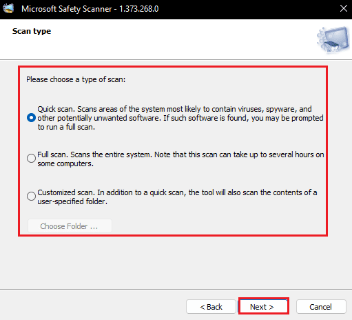 choisissez le type d'analyse et cliquez sur Suivant dans Microsoft Safety Scanner