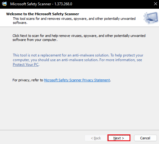 fare clic su Avanti in Microsoft Safety Scanner