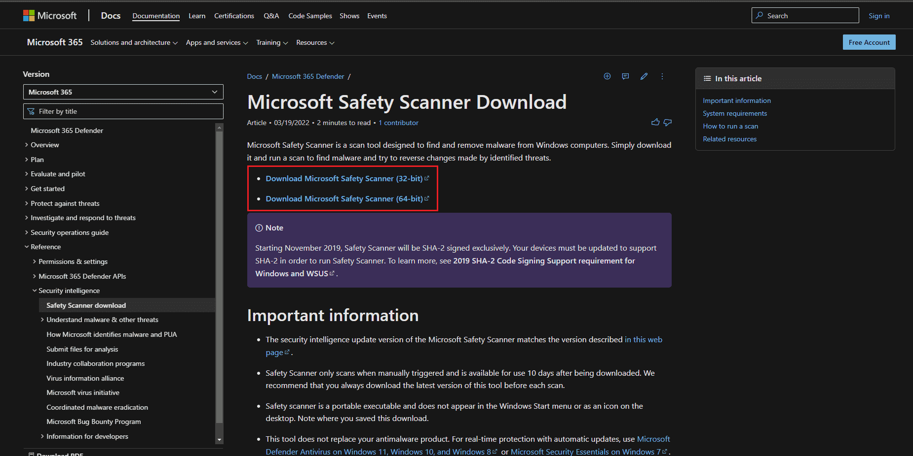 Microsoft Safety Scanner Download-Seite