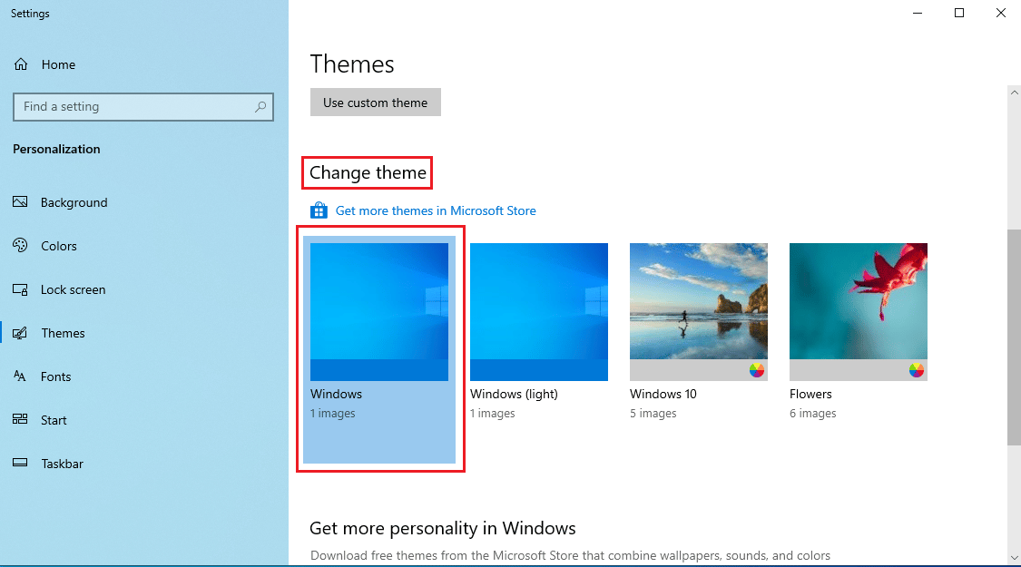 Dans l'option Changer de thème, sélectionnez un thème Windows de base