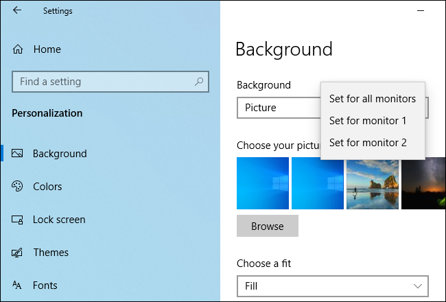 Définition de différents fonds d'écran pour différents moniteurs sous Windows 10.