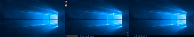 Três desktops de uma configuração de monitor triplo.