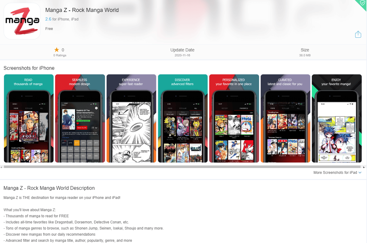Страница приложения Manga Z Rock Manga World