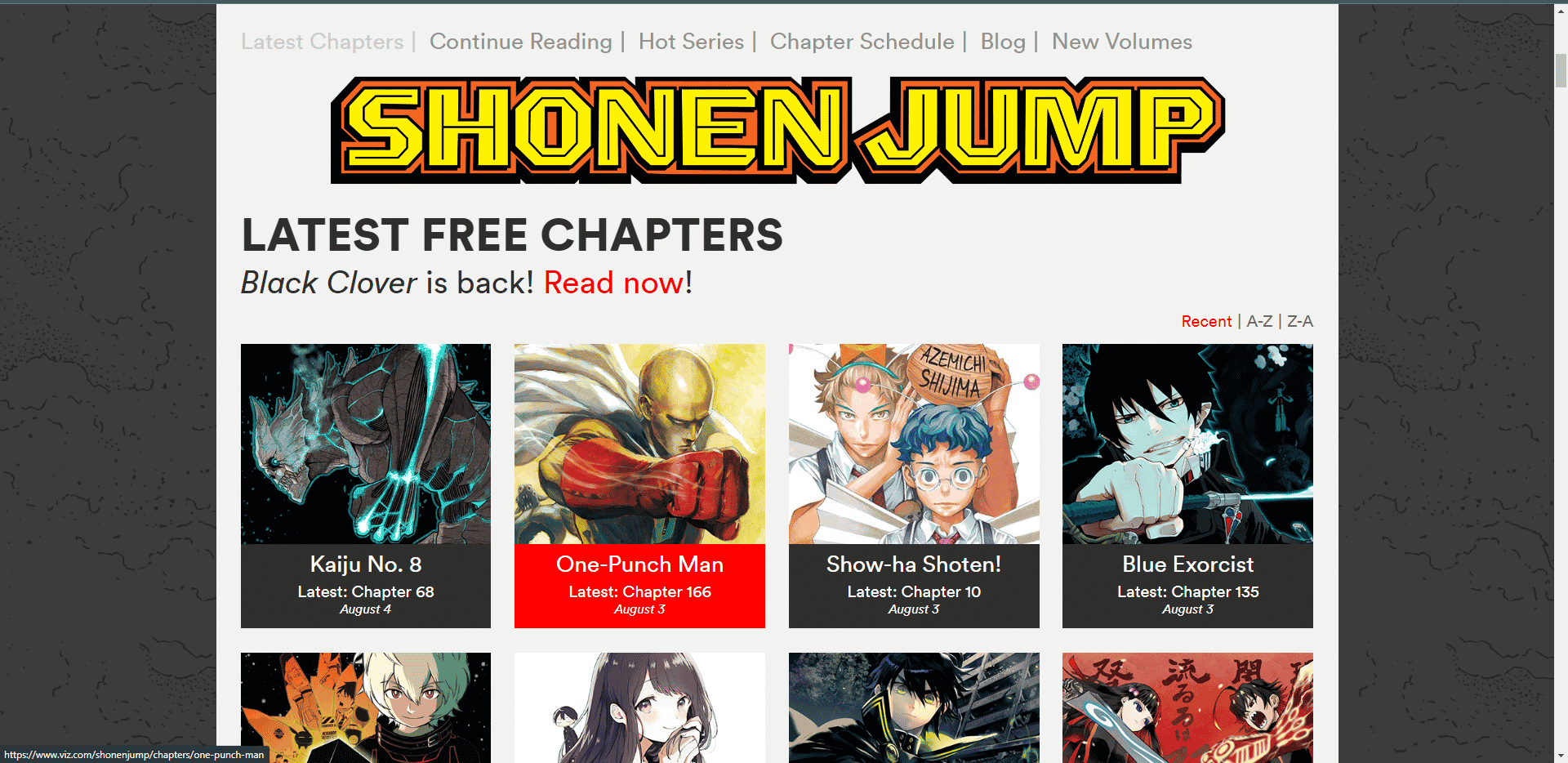 Offizielle VIZ MANGA-Website mit Shonen-Sprungabschnitt