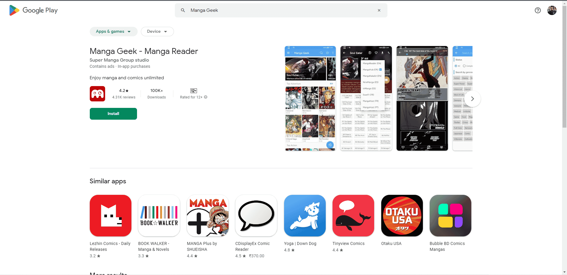 Page Web de la boutique Manga Geek Playstore