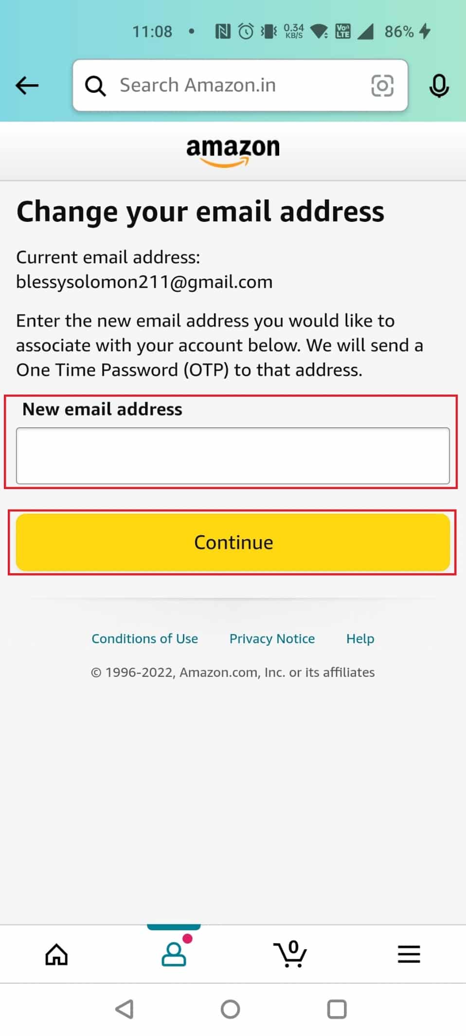 Entrez la nouvelle adresse e-mail et appuyez sur Continuer | Comment supprimer votre compte Amazon