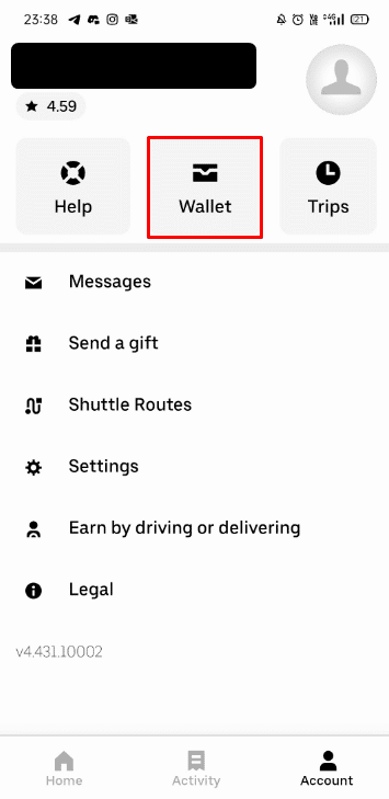 Ketuk ikon Akun di sudut kanan bawah dan ketuk Dompet | Apakah Ada Hack Uber Free Ride?